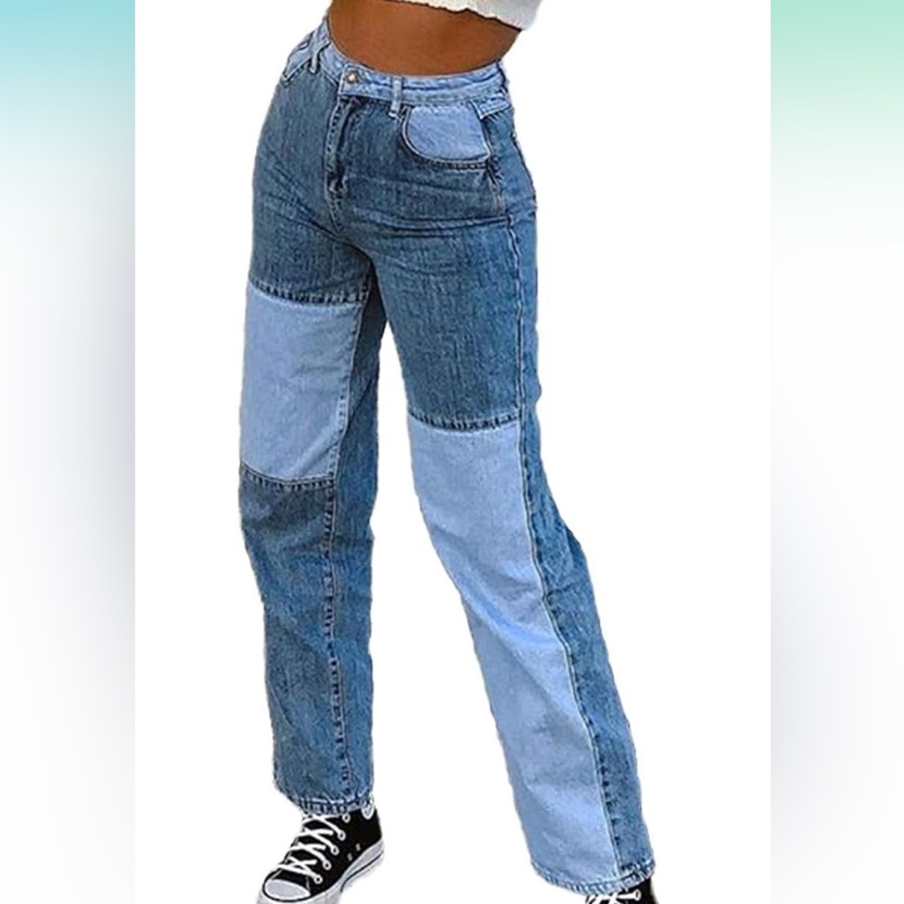 Womens Patchwork Jeans High Waisted Straight Leg Stretch Denim Pants